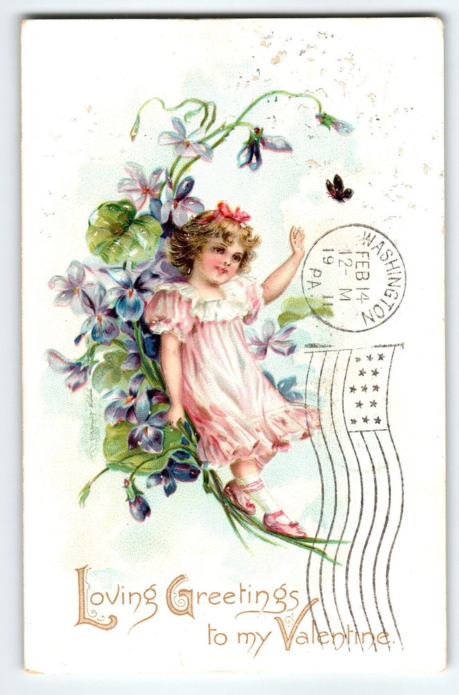 Valentine Postcard Butterfly Girl Flowers Loving Greetings Vintage 1911 Tuck