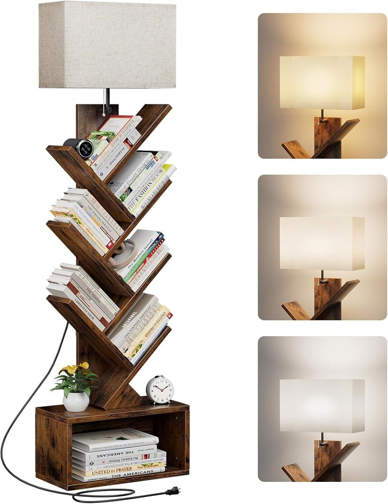 6 Tier Tree Bookshelf with Light, Small Bookcase Tower for Books/CDs/Movies