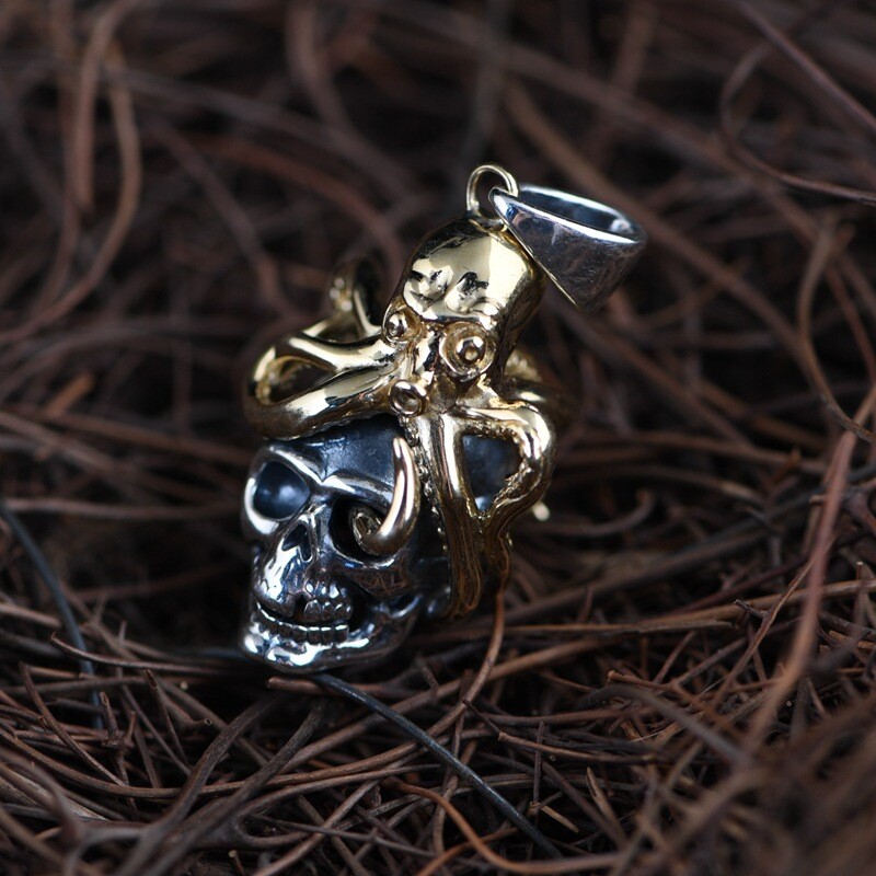 Gothic Biker Octopus Skull Pendant in S925 Silver and Brass Steampunk Charm