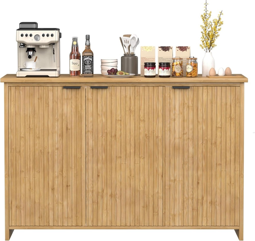 Bamboo Fluted 3-Door Buffet Cabinet with Storage Shelves