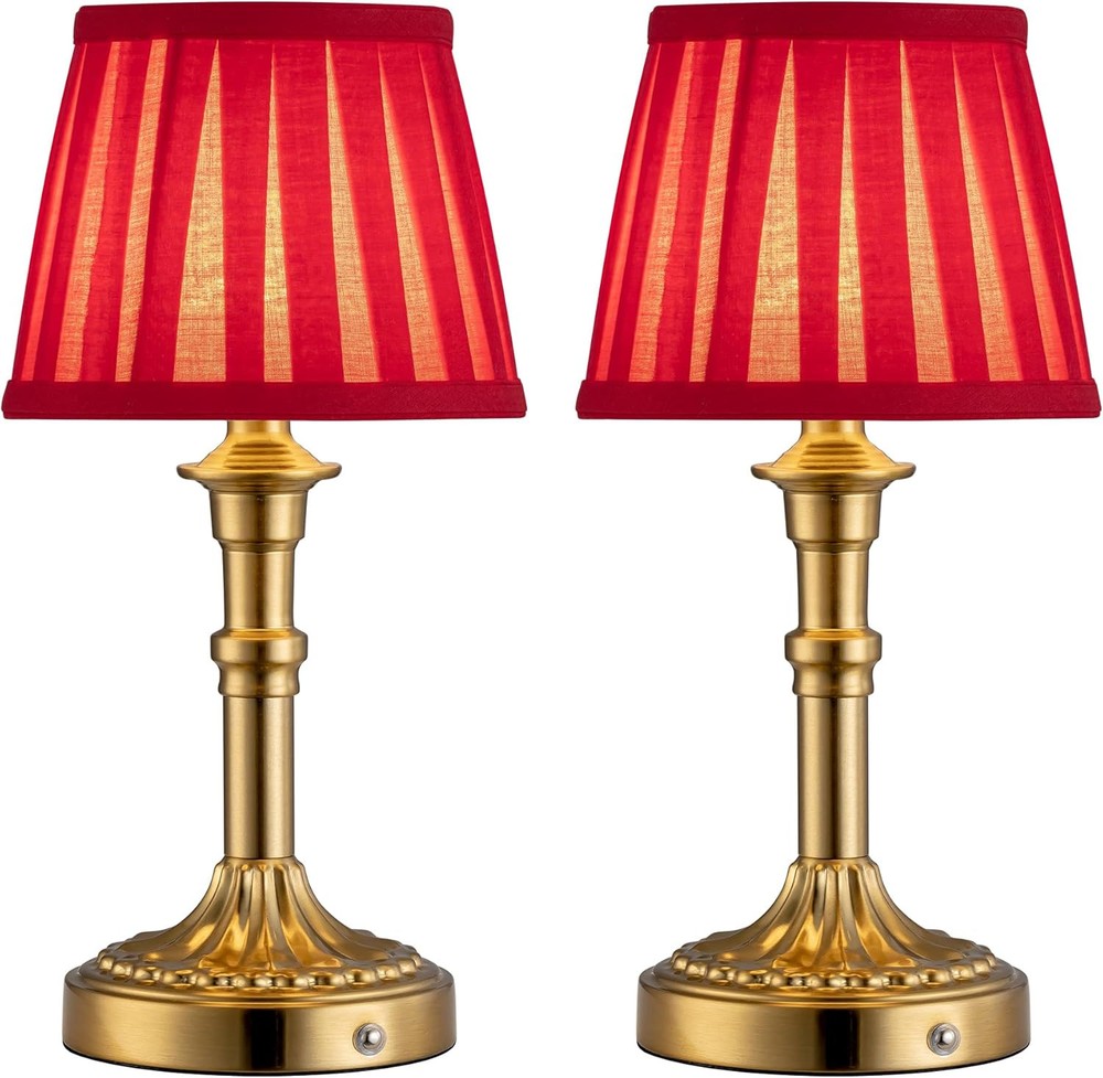 KDG Cordless Table Lamp Set of 2 with Bronze & Red Lampshades 2-Pack