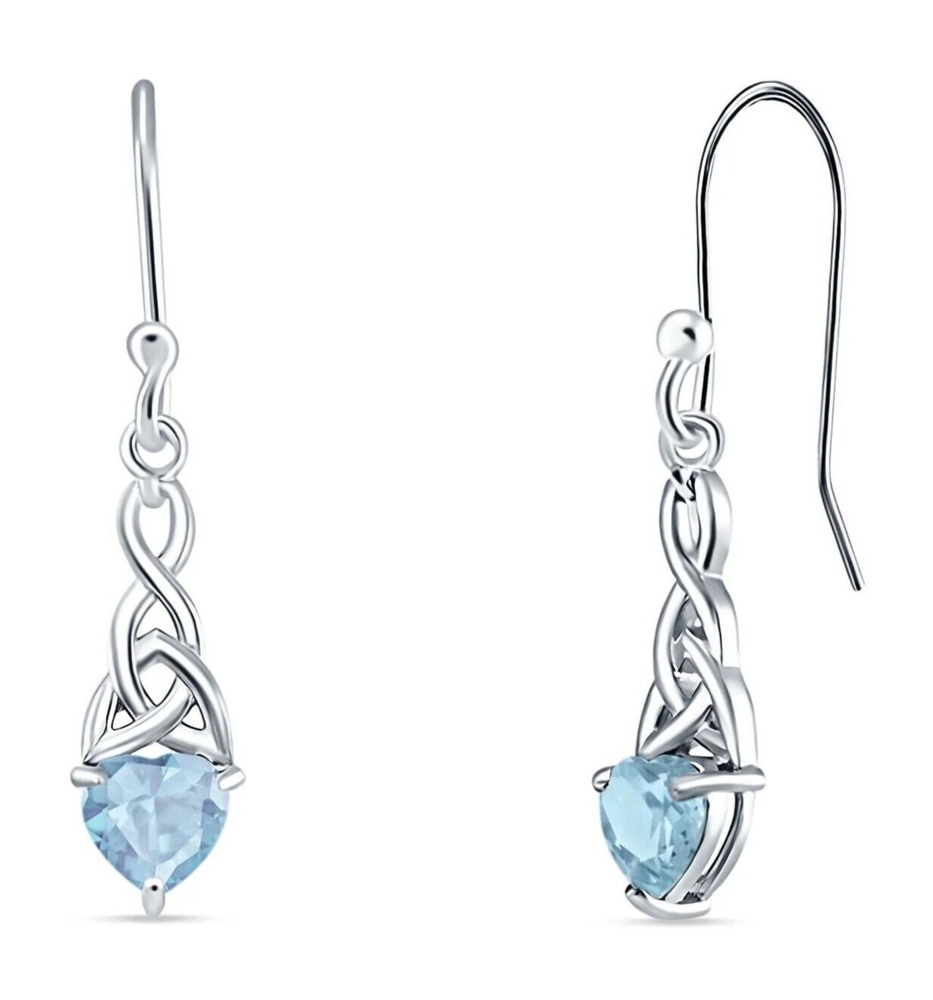Aquamarine Heart Shape Dangle Celtic Trinity Earrings Solid Sterling Silver