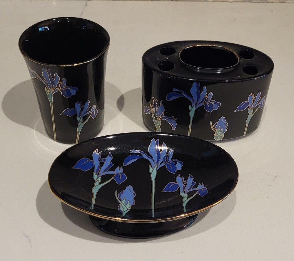 Vintage Otagiri Bathroom Set Black With Blue Iris - Made In Japan