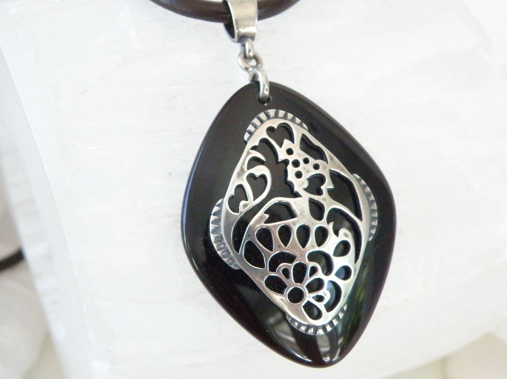 Silpada Sterling Silver 925 Black Onyx Large Pendant Cord Necklace