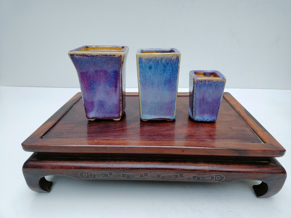 Chinese Canton Bonsai Tree Pot Set - 3 Purple Glazed KENGAI Pots