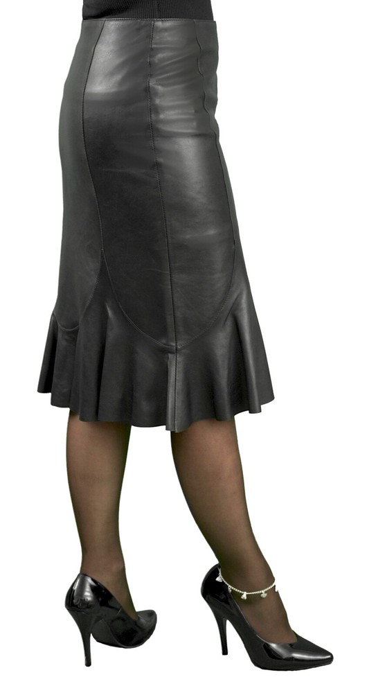 Real Leather Fluted Trumpet Skirt Soft Lambskin Below Knee in Black or Red