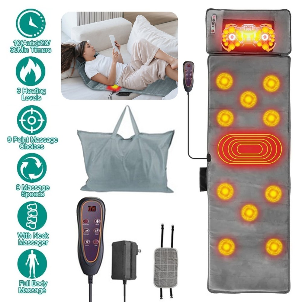Full Body Electric Massage Mat for Bed w/ Shiatsu Heated Neck Massager for Home