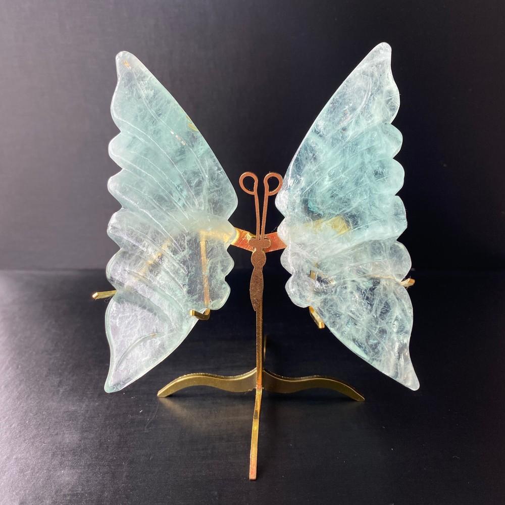 156G Natural Crystal Fluorite Butterfly Wings Healing Statue Decor + Stand