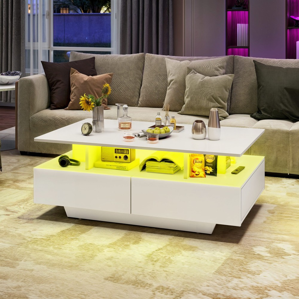 White High Gloss Coffee Table LED Light with 4 Storage Drawers Living Room