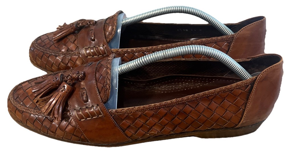 Sz 11 N Bragano Cole Haan Italy Brown Men's Woven Leather Tassel Loafers Shoes