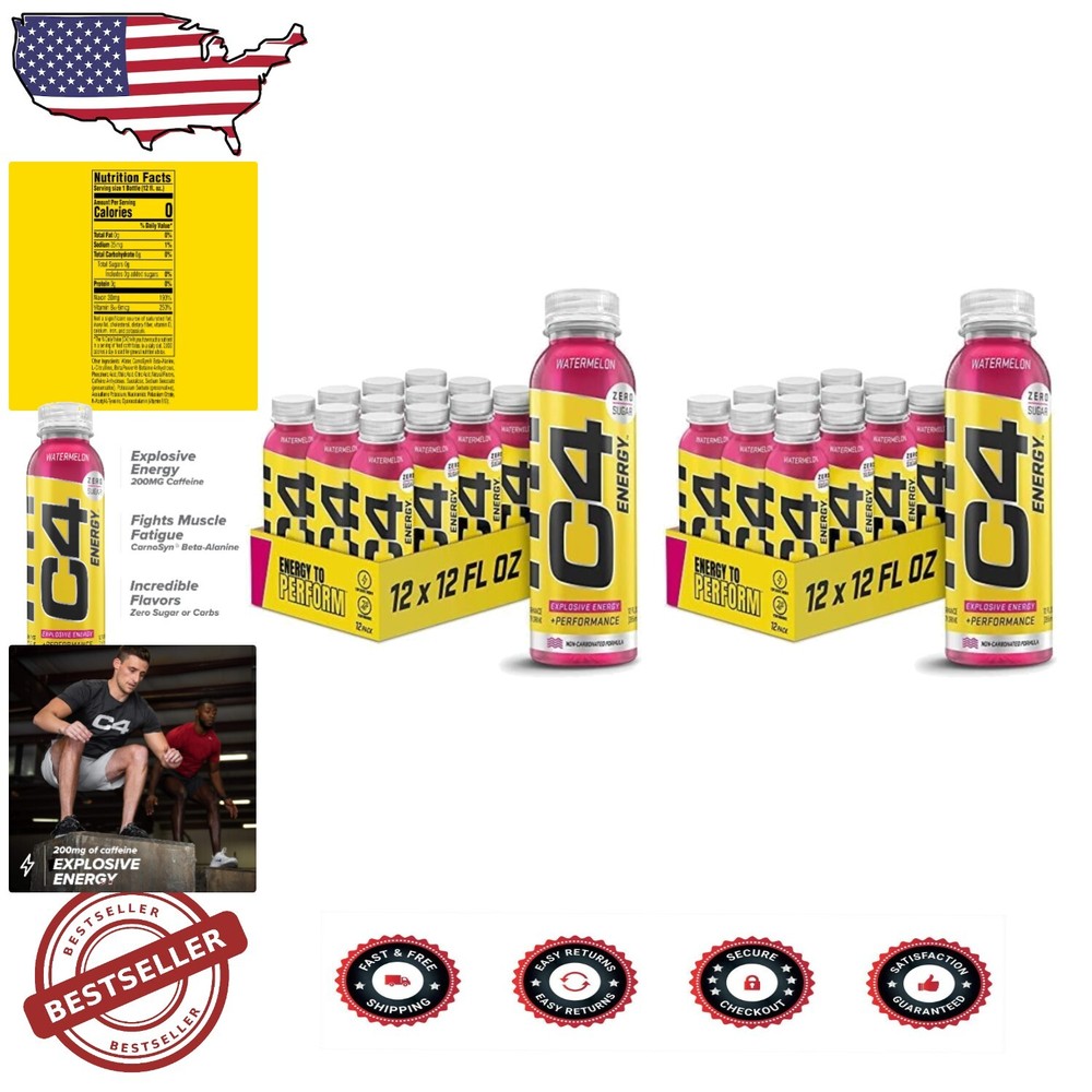 C4 Zero Sugar Watermelon Energy Drink - 200mg Caffeine & Beta-Alanine, 24-Pack
