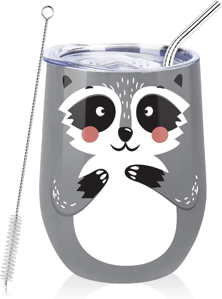 12Oz Raccoon Cup Insulated Wine Tumbler with Lid and Straw Double Wall Stainless