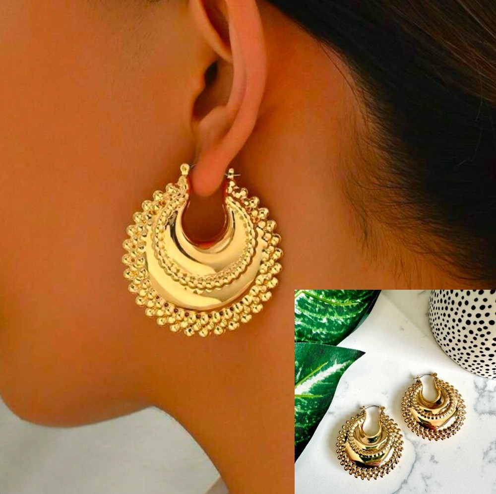 Gold Chunky Hoop Earrings with Ball Dot Detail Boho Huggies Gift
