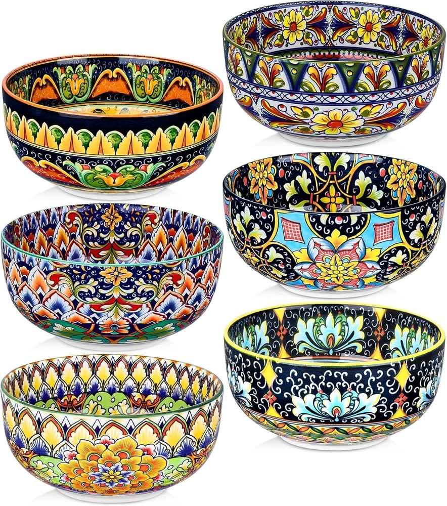 Ceramic Cereal Bowls Set of 6, 28 Oz Bohemian Soup Bowl, Colorful Bowls Set for