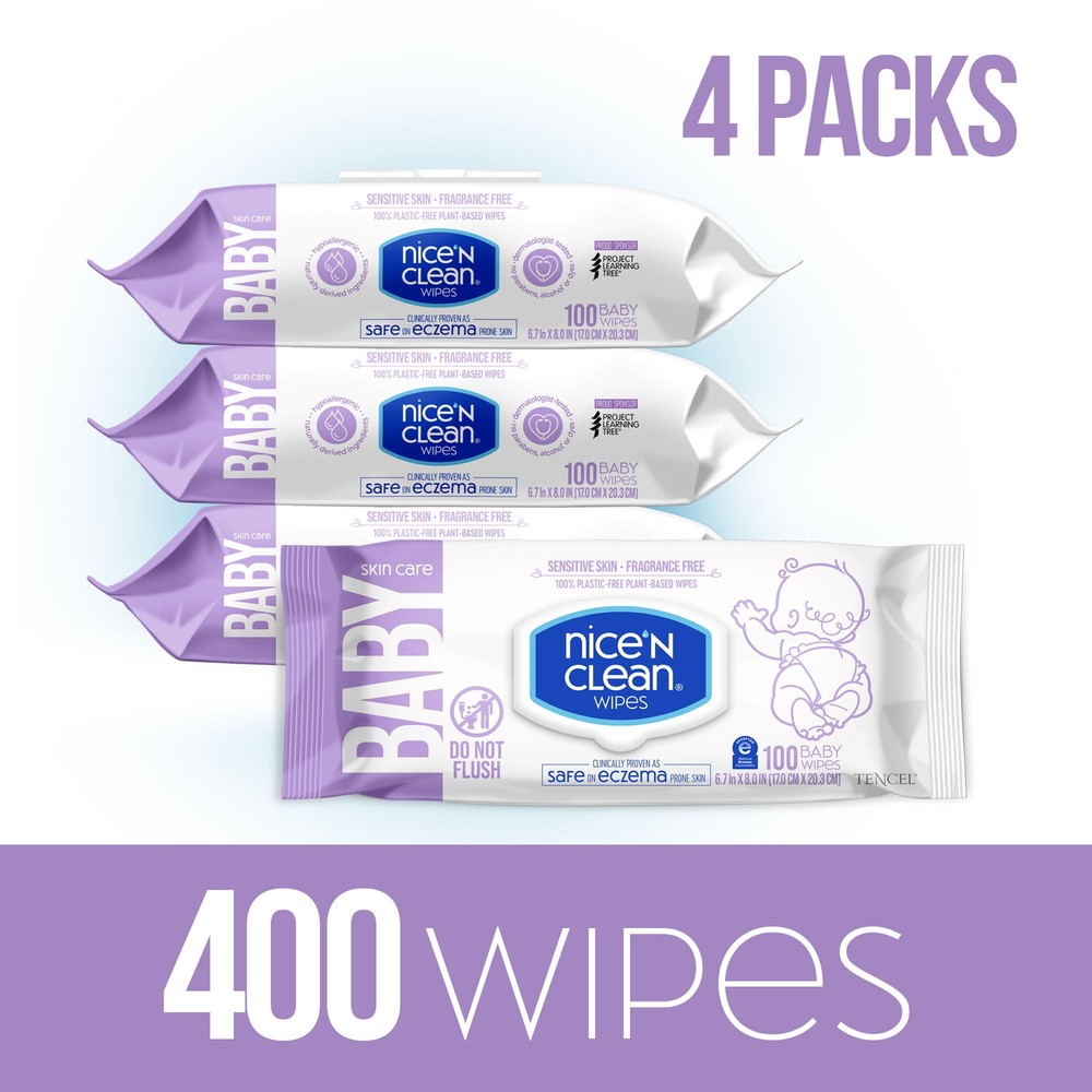 Nice N CLEAN Fragrance Free Sensitive Skin Baby Diaper Wipes 4 Flip-Top Packs