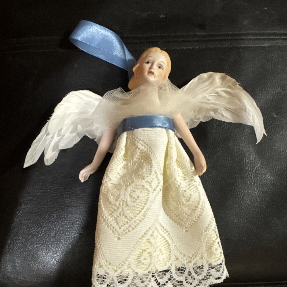 Vintage Angel Ornament With Feather Wings, Porcelain Head And Am hands