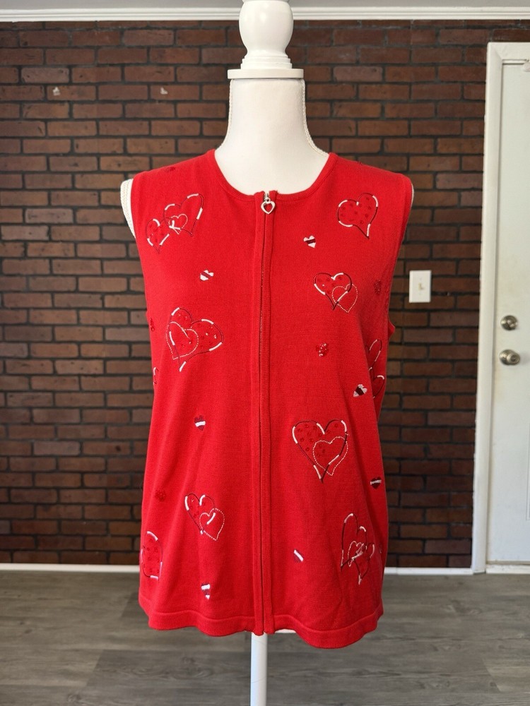 Southern Lady Red Heart Valentines Full Zip Sweater Vest in Size Small