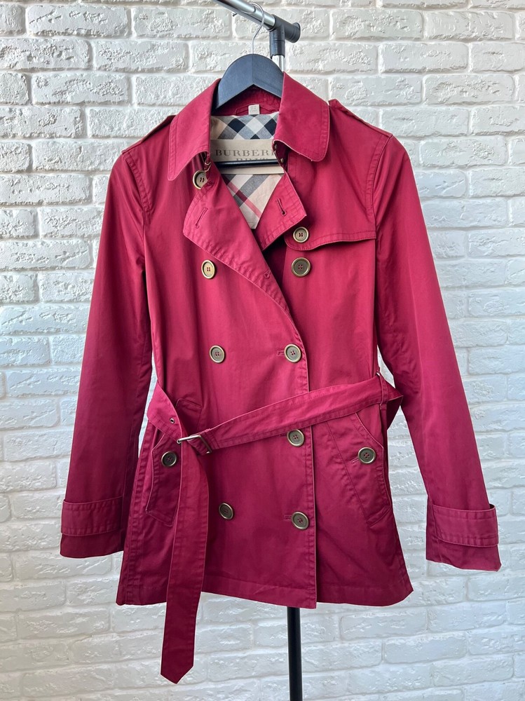 Burberry Brit Red Checked Belted Double-Breasted Trench Jacket Women's 40 IT