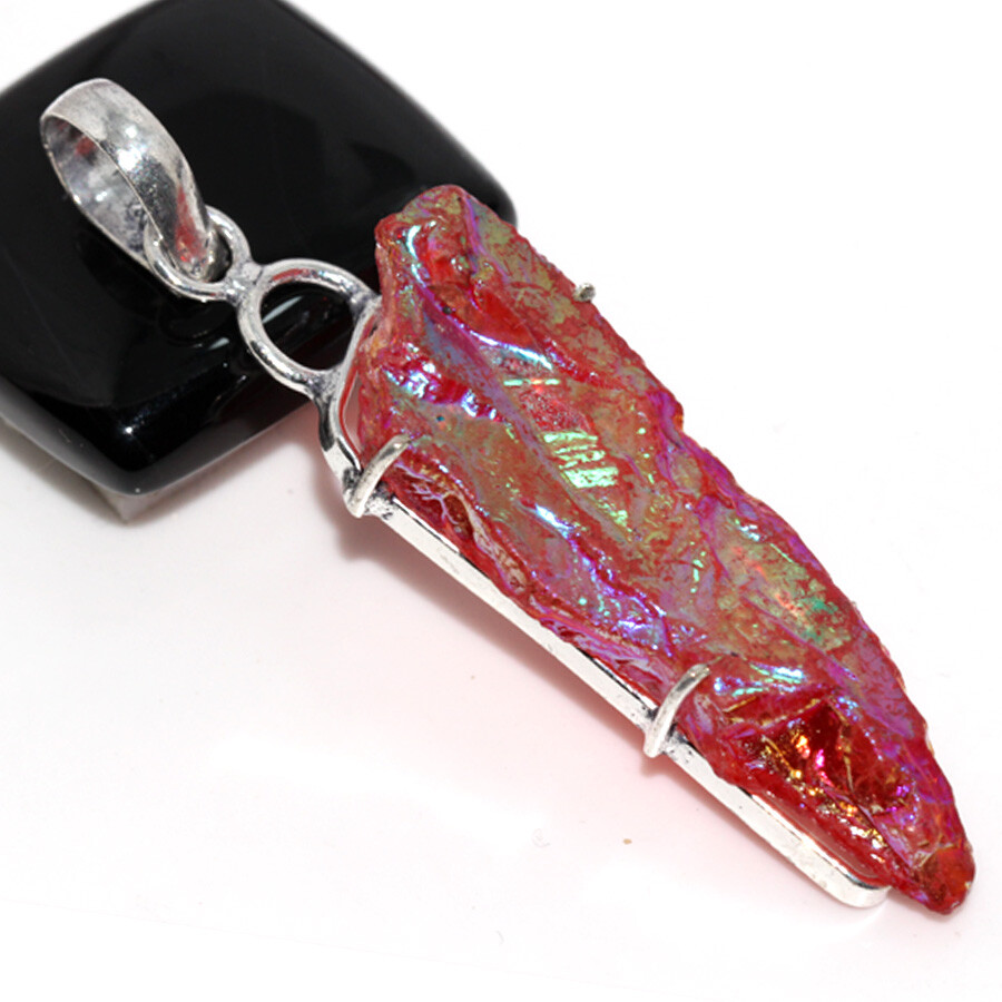 925 Silver Plated Pink Titanium Aura Quartz Pendant Jewelry Size 2.6