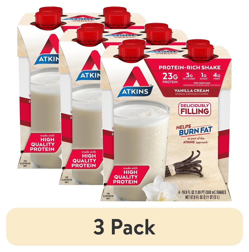 (3 Pack) Atkins Meal Size Protein-Rich Shake Vanilla Cream Keto Friendly 4 Count