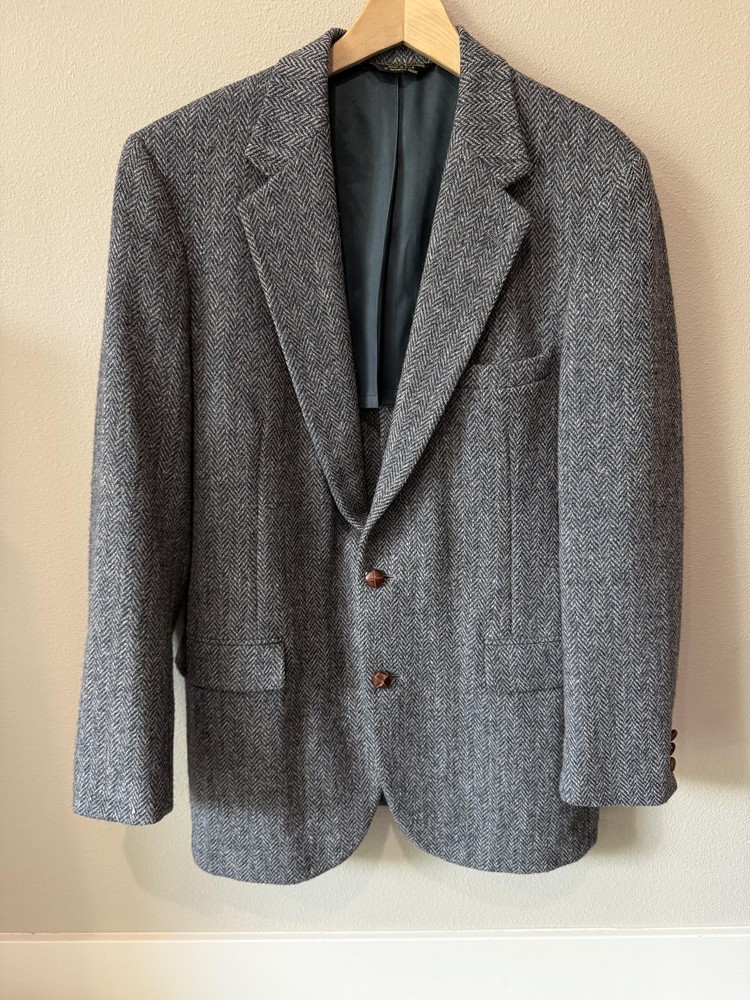 Vintage Harris Tweed Blazer Mens 42 Herringbone Wool Sport Coat Scotland 80s