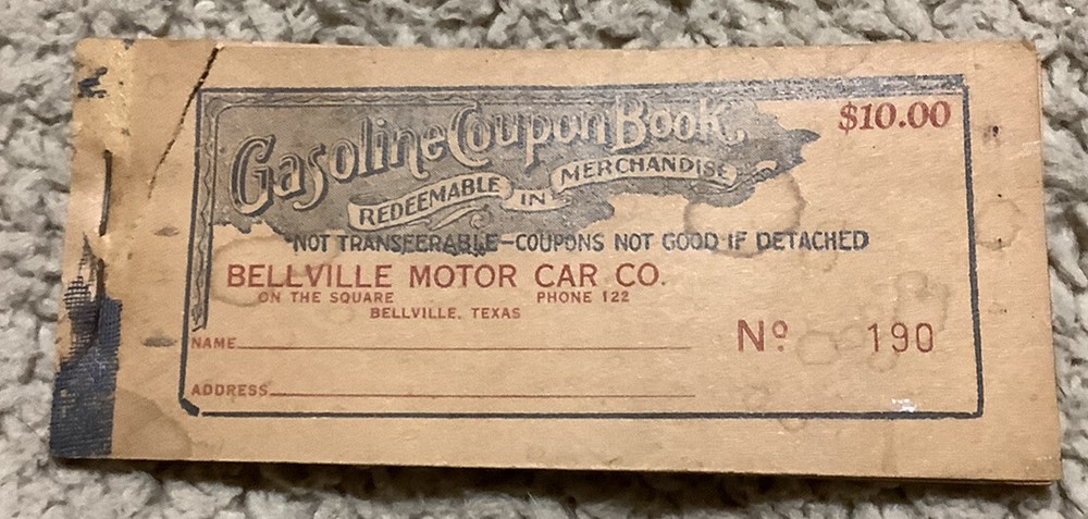 VINTAGE GASOLINE COUPON BOOK ORIGINAL NEW OLD STOCK BELLVILLE MOTOR CO.-image