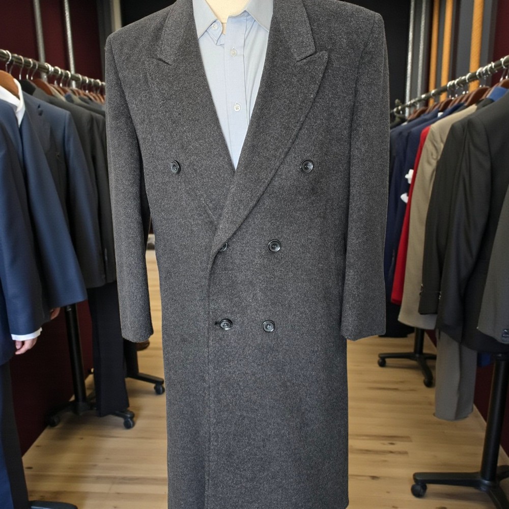 Hand Tailored Double Breasted Overcoat 40r Peak Lapel Bespoke Flannel