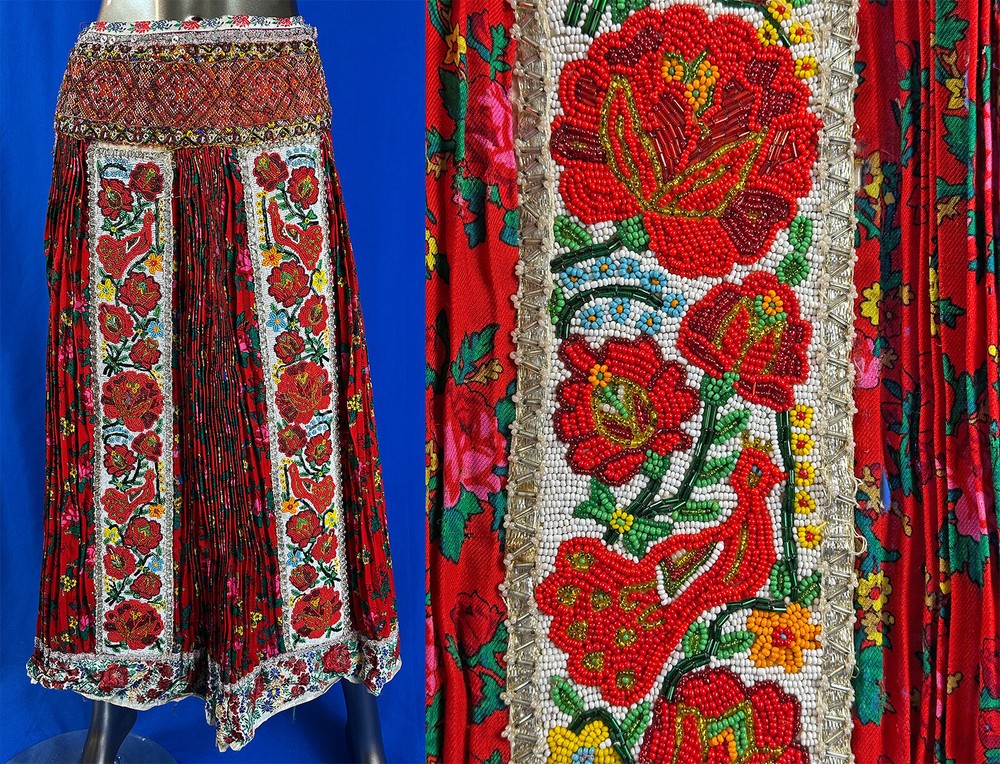 Vintage Romanian Beaded Embroidery Floral Wool Pleat Folk Costume Apron Skirt