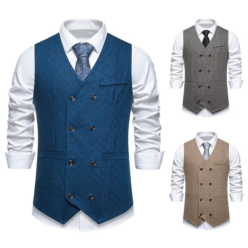 Herringbone Retro Men's Dress Vests Double Breasted Formal Business Waistcoats