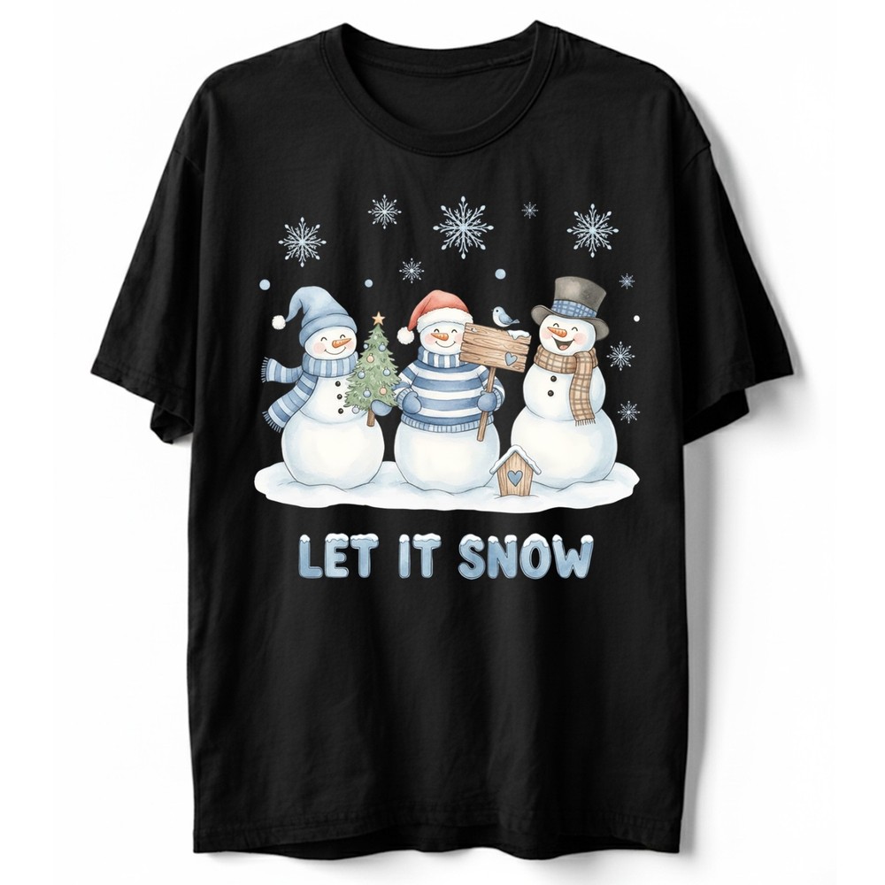 Let It Snow T-Shirt Cute Snowman Watercolor Christmas Winter Holiday Xmas Tee