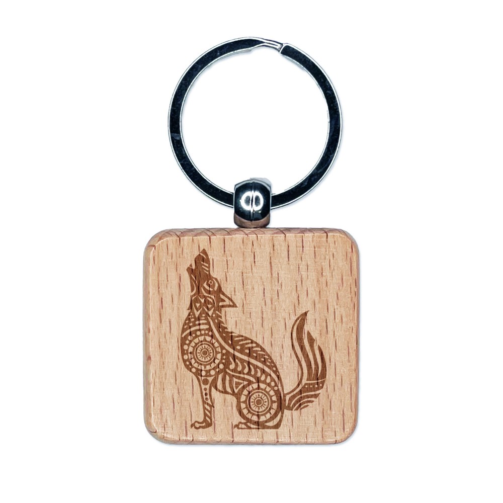 Folk Art Wolf Engraved Wood Square Keychain Tag Charm