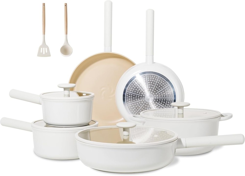JEETEE 17-Piece Nonstick Ceramic Cookware Set in Beige