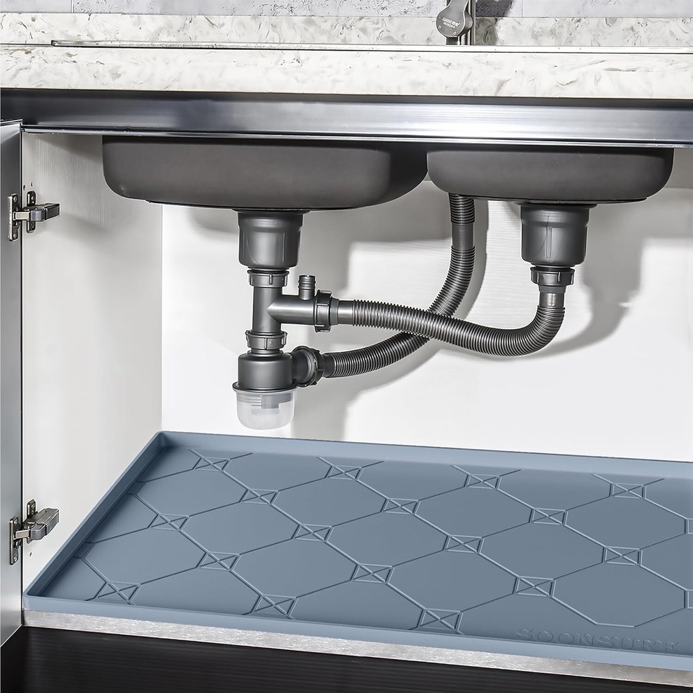 Waterproof Grey Rubber Under Sink Mat with Raised Lip for Kitchen Protection