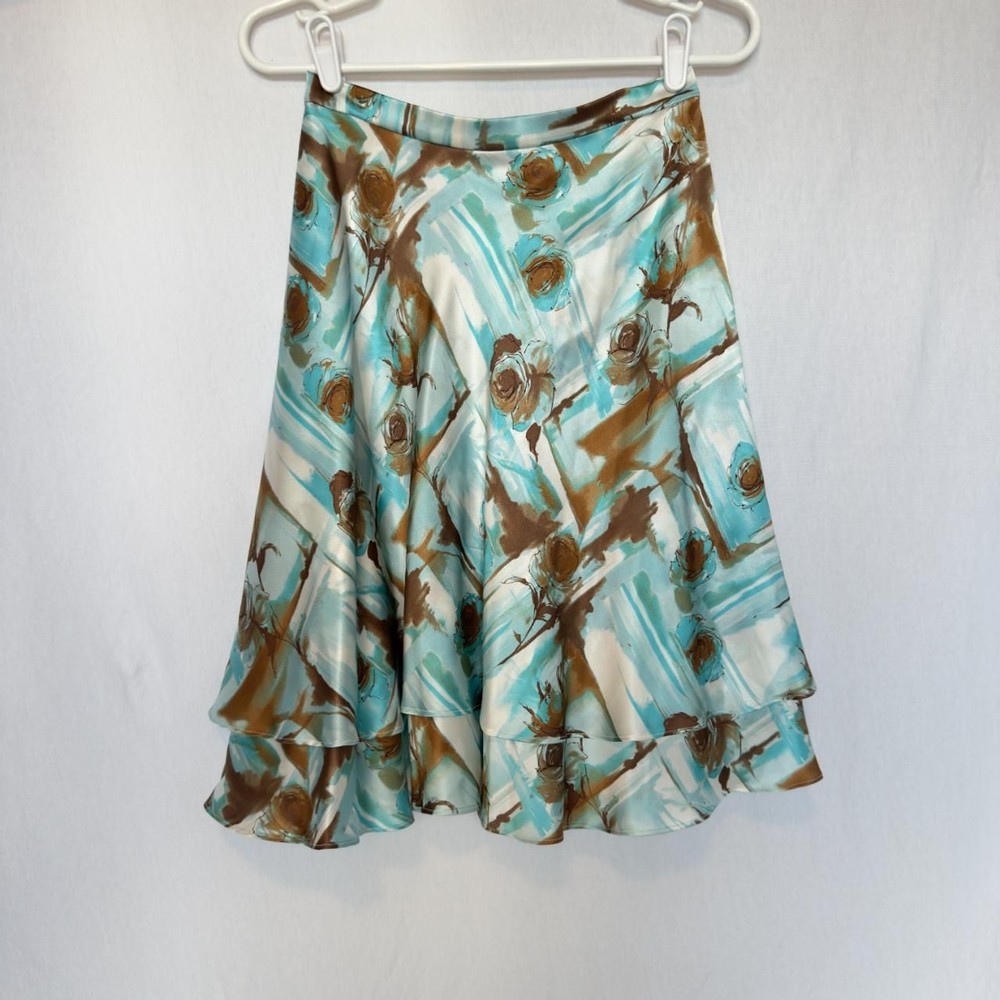Vintage Silk Midi Skirt \ Y2K 2000s Silk Aquamarine Patterned Skirt