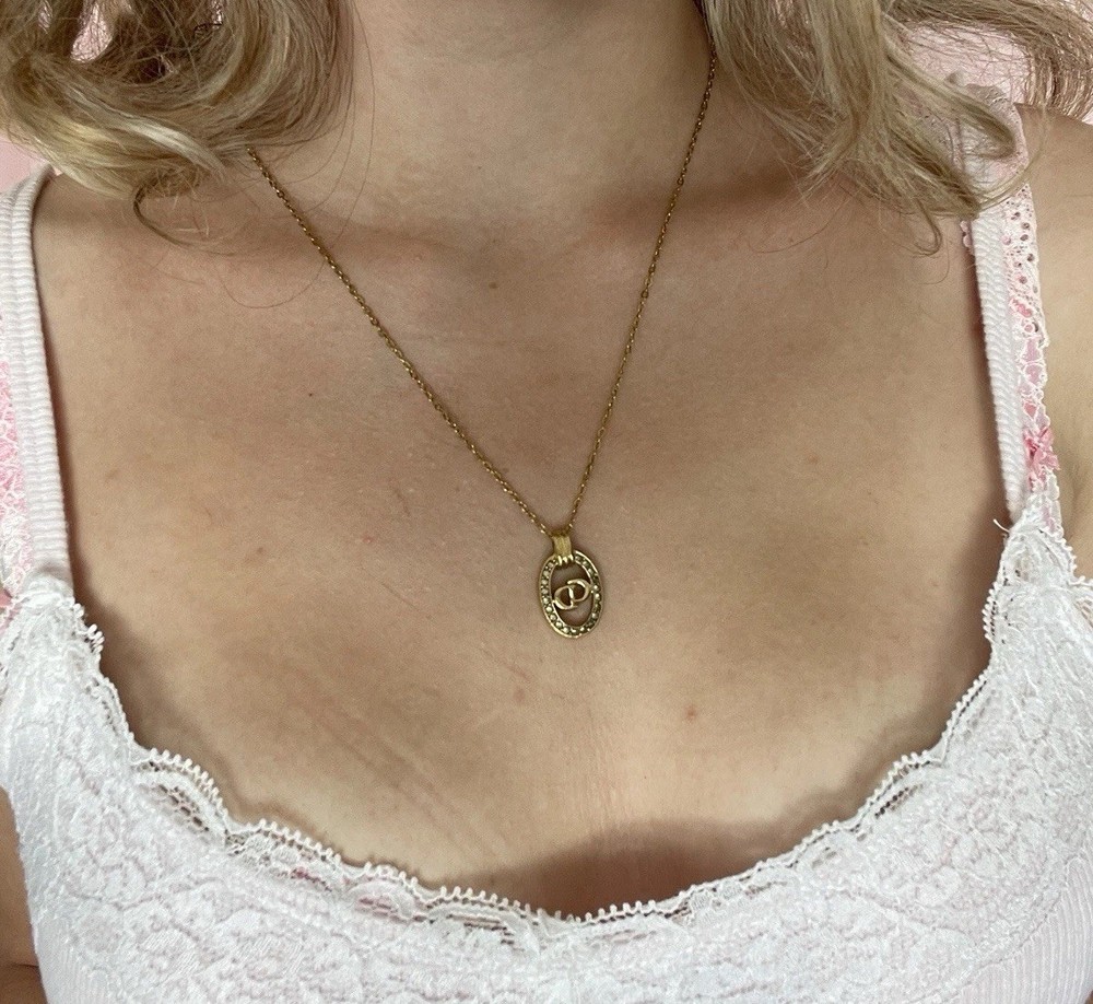 vintage christian dior rhinestone gold plated oval pendant necklace