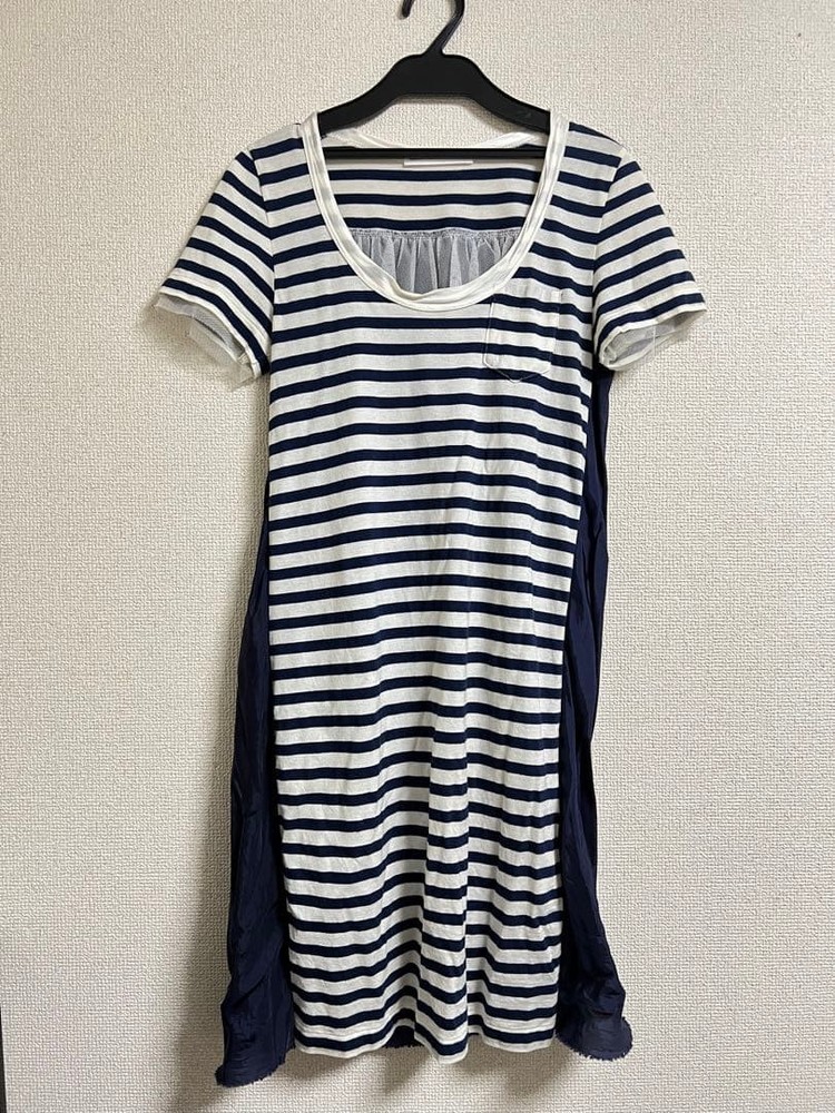 sacai Luck Cotton Satin Stripe Dress S Navy White Pre-owned