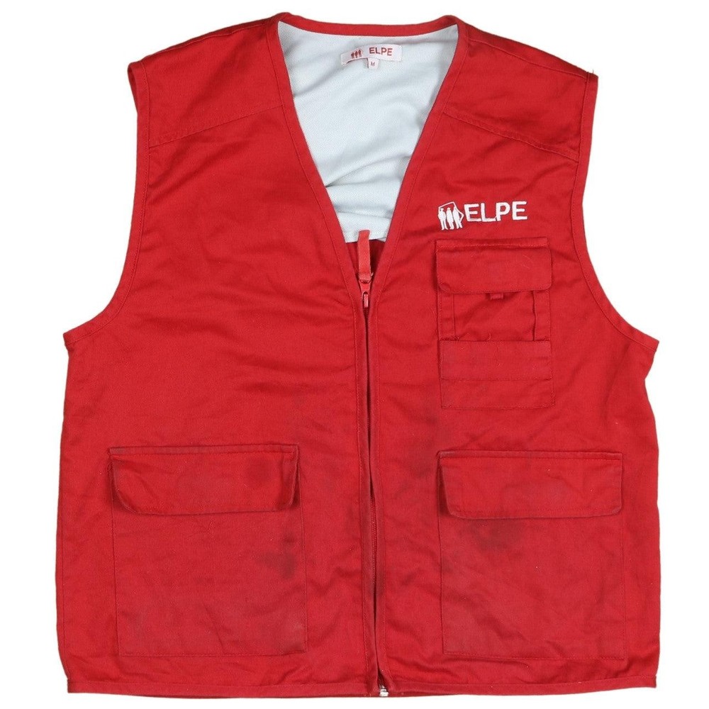 Elpe Mens Gilet Red Workwear Waistcoat Zip Front Lined Multi Pocket Logo Vest M