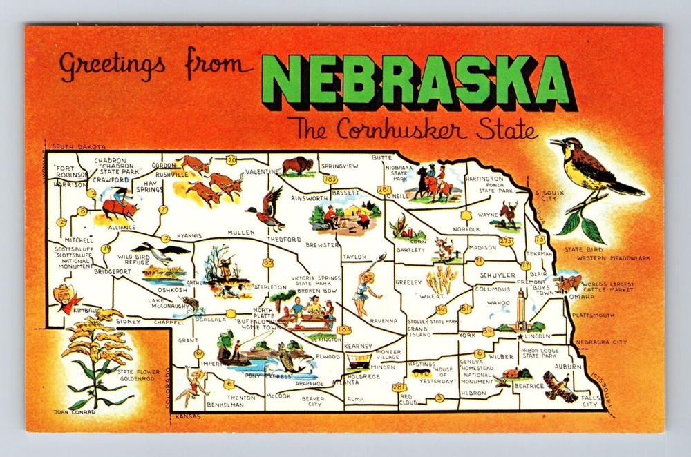 NE-Nebraska, Scenic Map Greetings, Landmarks, Vintage Postcard