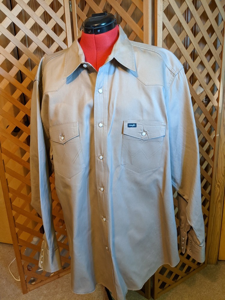 Wrangler Men’s 2XL Khaki Cotton Twill Pearl Snap Work Shirt Rugged Fit