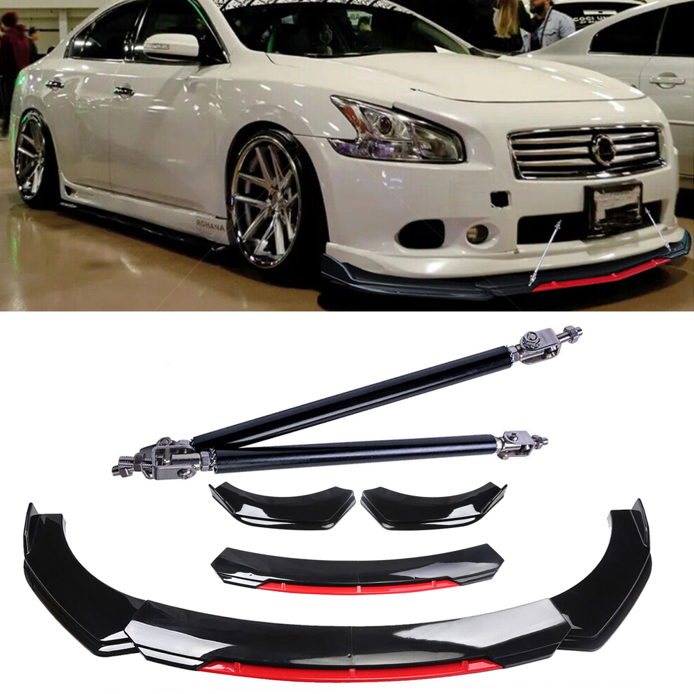 For Nissan Maxima Front Bumper Lip Chin Splitter Strut Rods Glossy Black