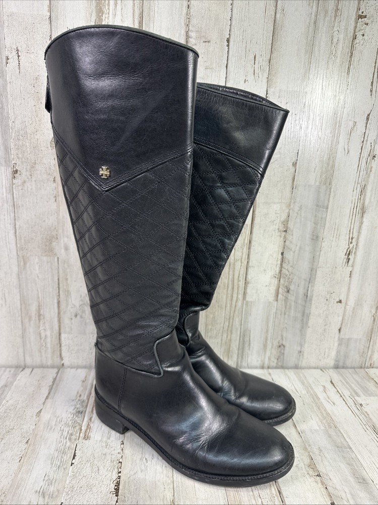 Tory Burch Boots Women's Claremont Quilted Black Leather Riding Boots Sz 8M