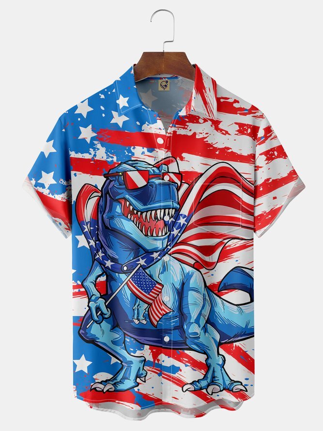 Independence Day Dinosaur Hawaiian Shirt with Flag and Chest Pocket for Patriotic Style