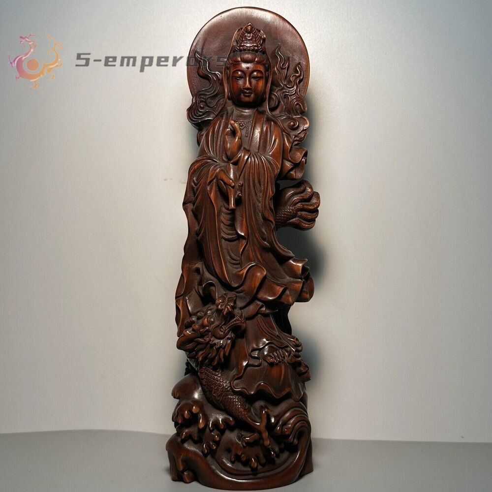Vintage Chinese Antique Wooden Carving Dragon Kwan Yin Statue Wood Buddha Decor
