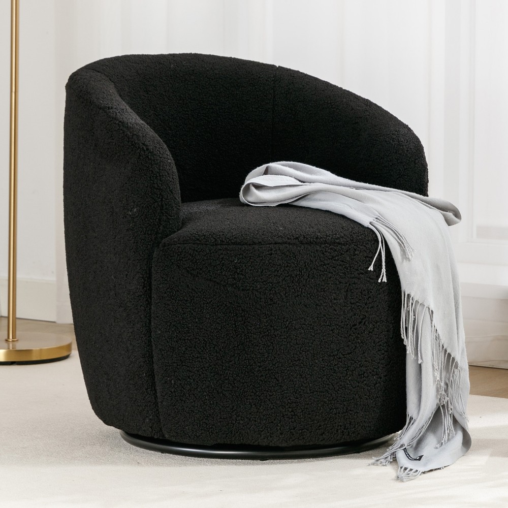 Modern Black Metal Swivel Barrel Chair in Soft Teddy Fabric