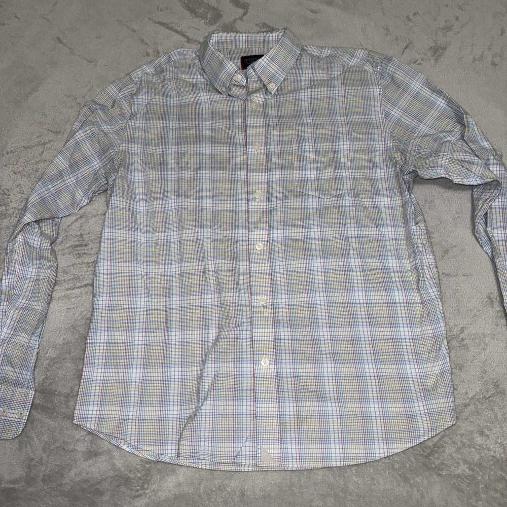 UNTUCKit Mens Large Stretch Plaid Blue Yellow Red Long Sleeve Button-Up Shirt