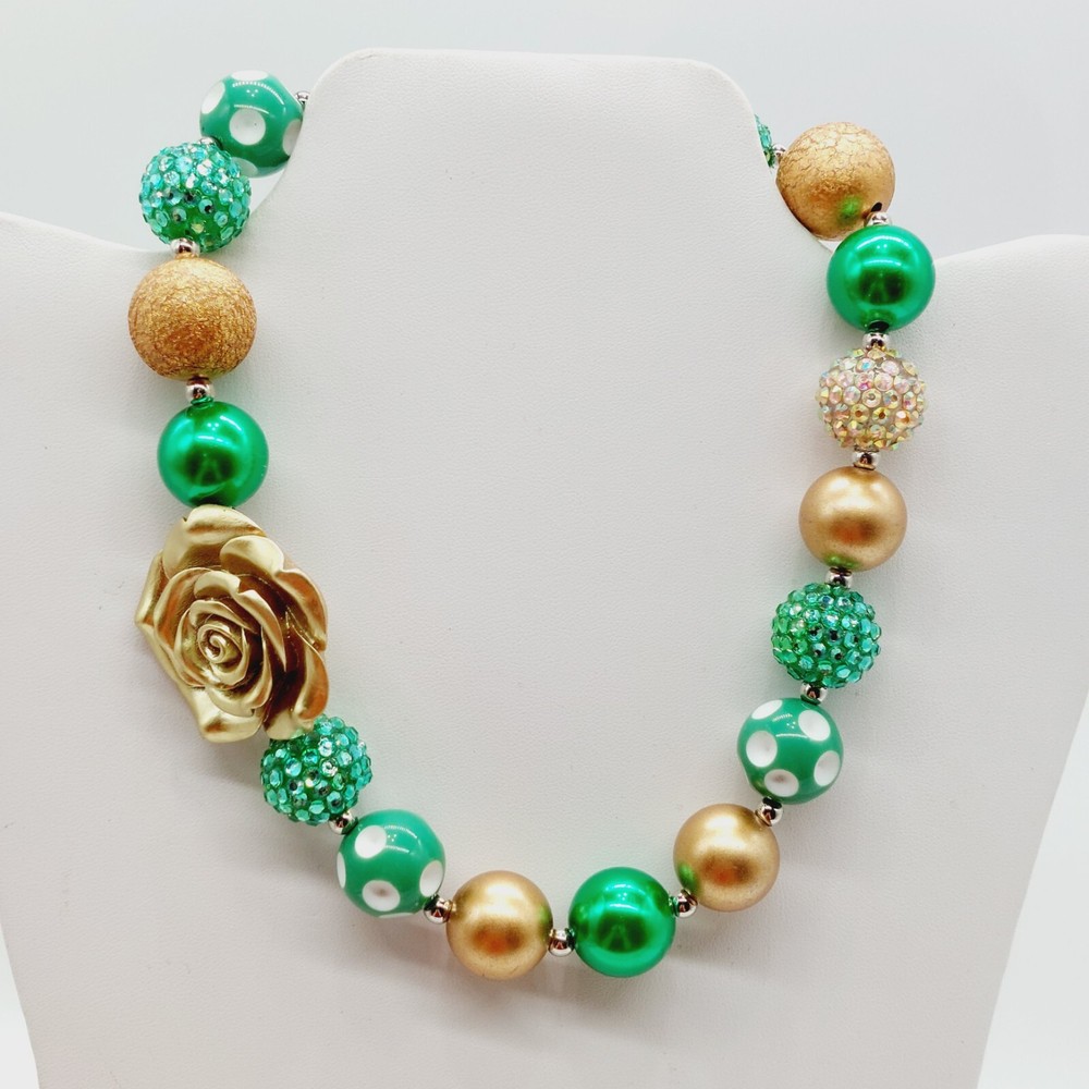 BB Gold Tone Rose Green White Gold Plastic Beads Choker Necklace