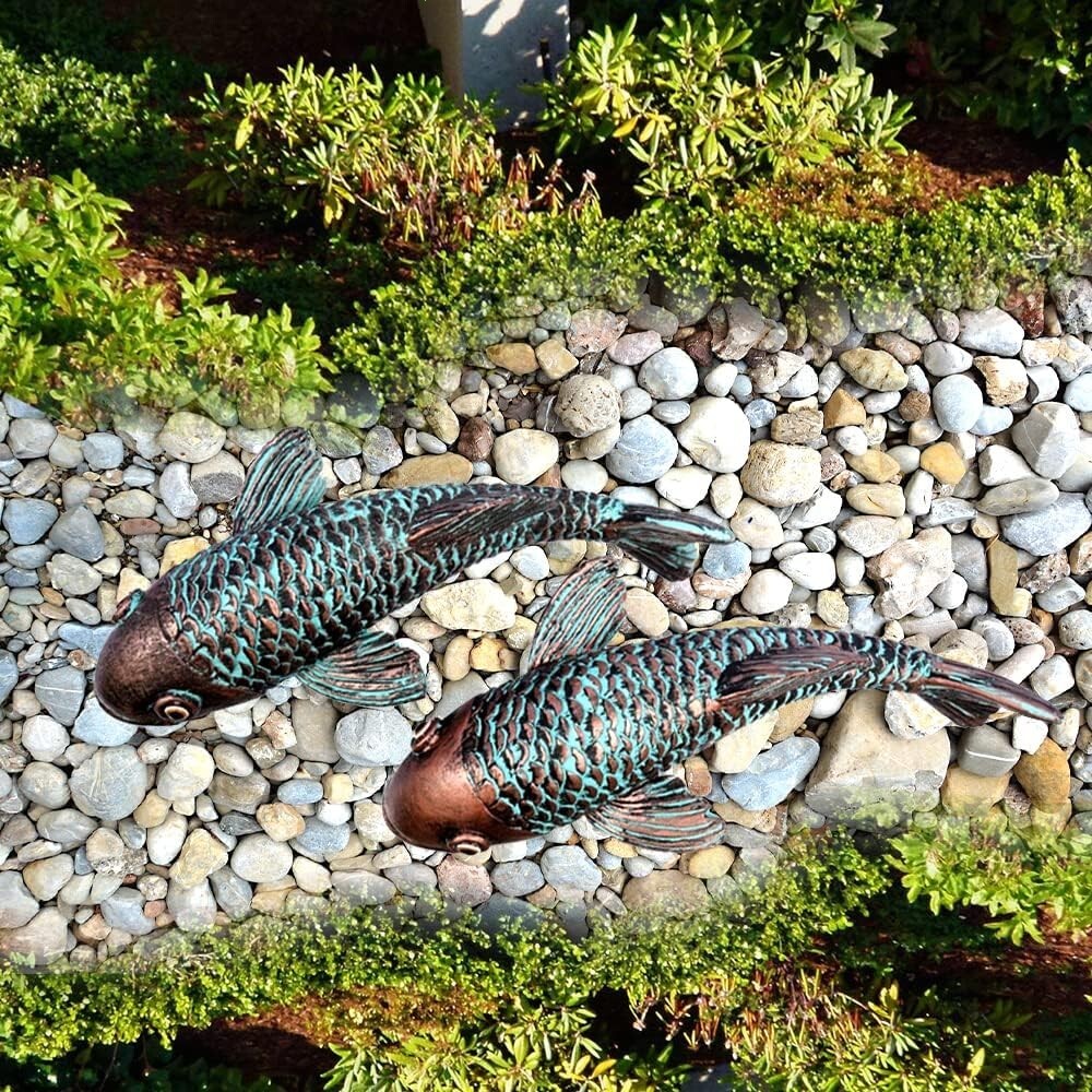 Set of 2 Antique Koi Fish Garden Sculptures for Outdoor Decor