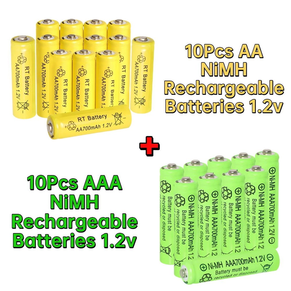 10Pcs AA & 10Pcs 1.2v AAA Ni-MH Rechargeable Batteries 700mAh for Solar Light