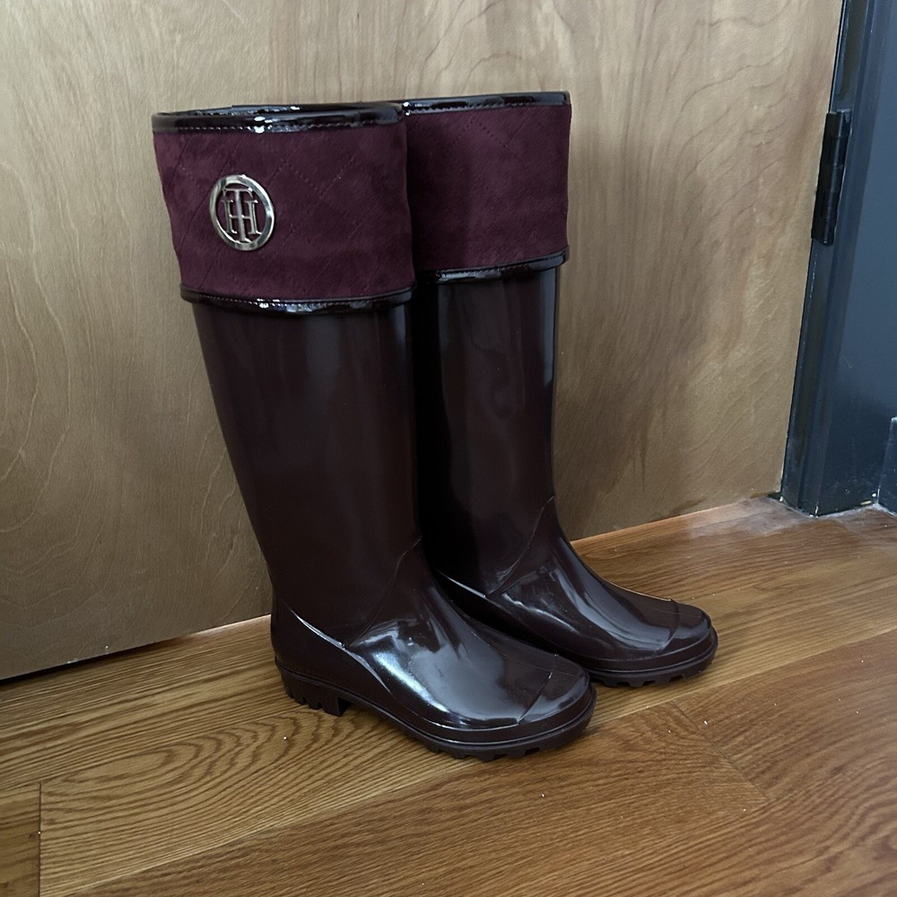 Tommy Hilfiger Shiner Burgundy Knee High Rain Boots Women's Size 5 Tall Riding
