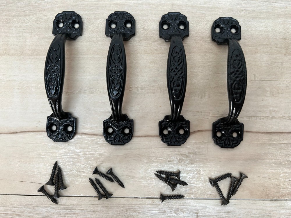 Vtg Solid Cast Iron Kitchen Cabinet Door Ornamental Handles Set Of 4 Black Paint